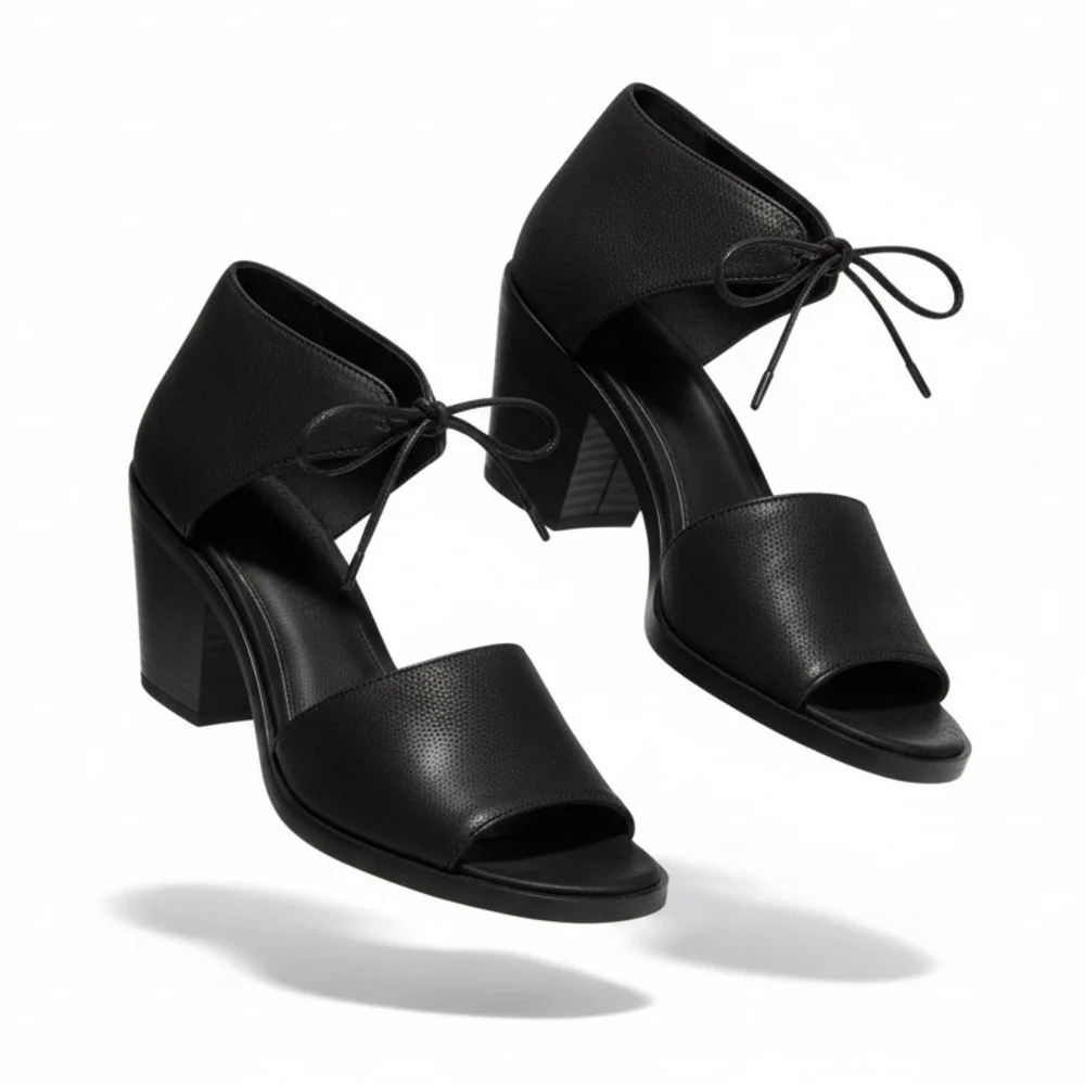 Eileen Fisher Ann Black Suede Tumbled Nubuck Ankle Tie Sandals Sz 7.5 Block Heel